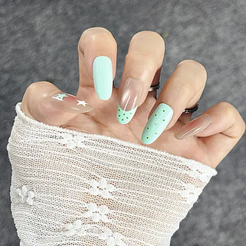Pastel Star and Dot Cat Eye Medium Oval Press-On Nails photo 4