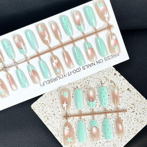 Pastel Star and Dot Cat Eye Medium Oval Press-On Nails photo 6