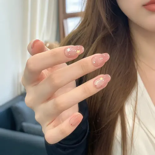Peach Nude Starry Ombré Short Oval Press-On Nails photo 5
