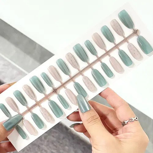 Pearl White and Green Polka Dot Cat Eye Oval Press-On Nails photo 2