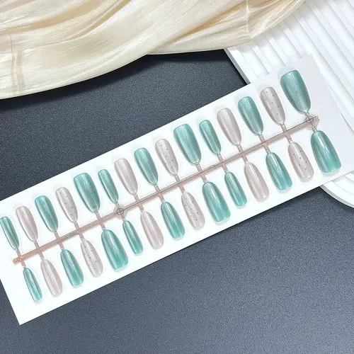 Pearl White and Green Polka Dot Cat Eye Oval Press-On Nails photo 3