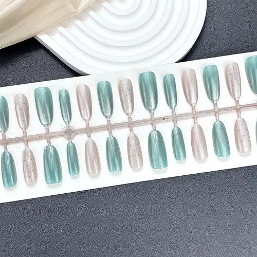 Pearl White and Green Polka Dot Cat Eye Oval Press-On Nails photo 4
