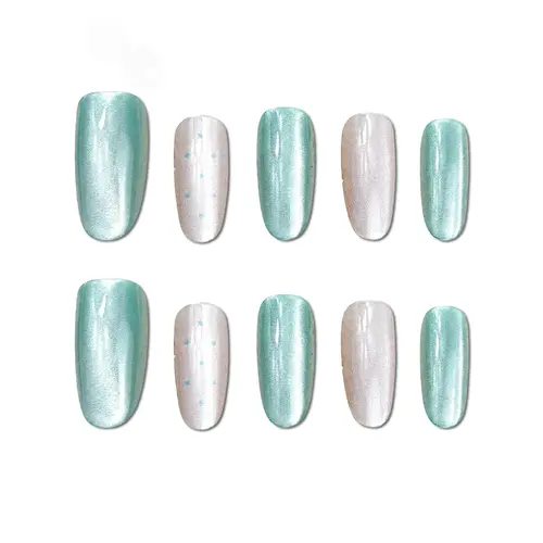 Pearl White and Green Polka Dot Cat Eye Oval Press-On Nails photo 5