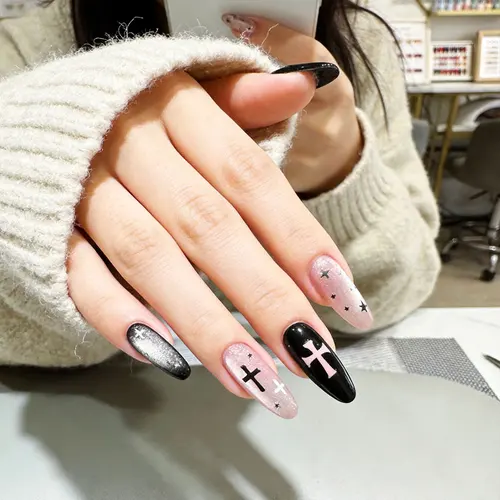 Pink and Black Cross Cat Eye Oval Press-On Nails photo 4
