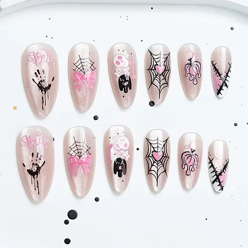 Pink Bow and Spider Web Halloween Cat Eye Press-On Nails photo 3