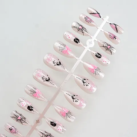 Pink Bow and Spider Web Halloween Cat Eye Press-On Nails design 1