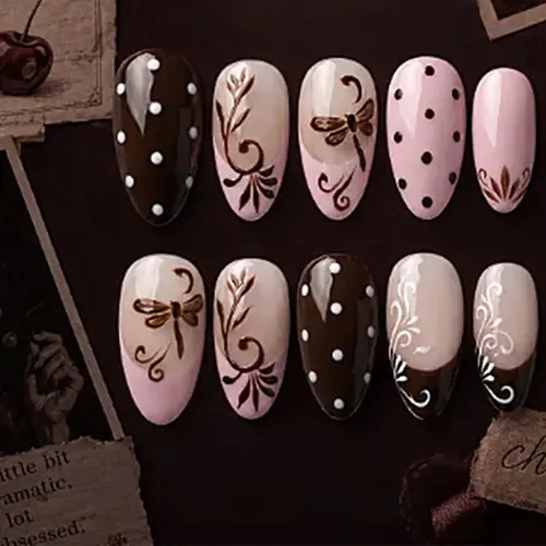 Pink Polka Dot and Flower French Cat Eye Almond Press-On Nails photo 2