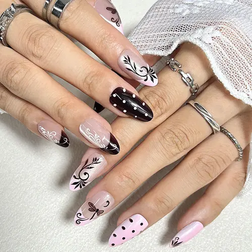 Pink Polka Dot and Flower French Cat Eye Almond Press-On Nails photo 3