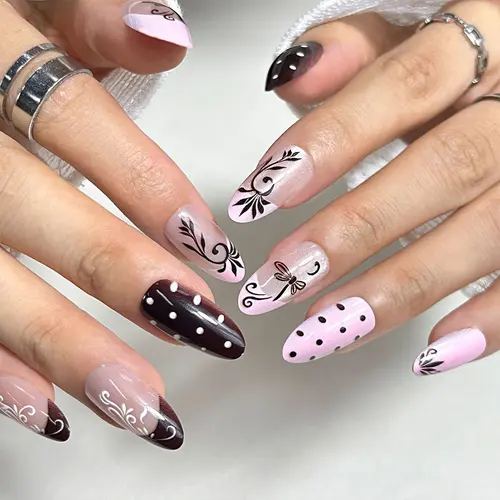 Pink Polka Dot and Flower French Cat Eye Almond Press-On Nails photo 4
