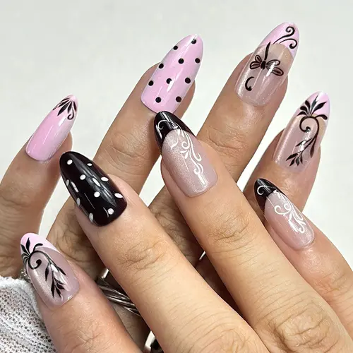 Pink Polka Dot and Flower French Cat Eye Almond Press-On Nails photo 5