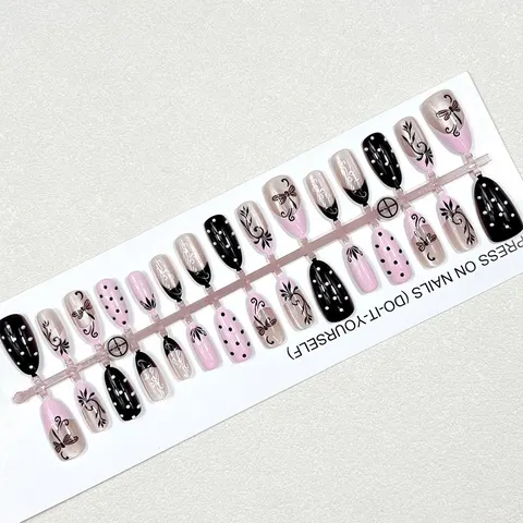 Pink Polka Dot and Flower French Cat Eye Almond Press-On Nails design 1