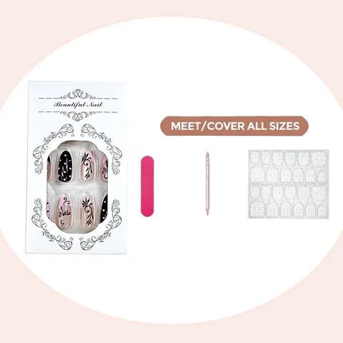 Pink Polka Dot and Flower French Cat Eye Almond Press-On Nails design 2