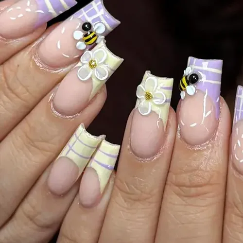 Plaid and Bee Gold Foil French Cat Eye Medium Square Press-On Nails photo 2