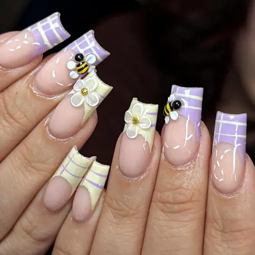 Plaid and Bee Gold Foil French Cat Eye Medium Square Press-On Nails photo 3