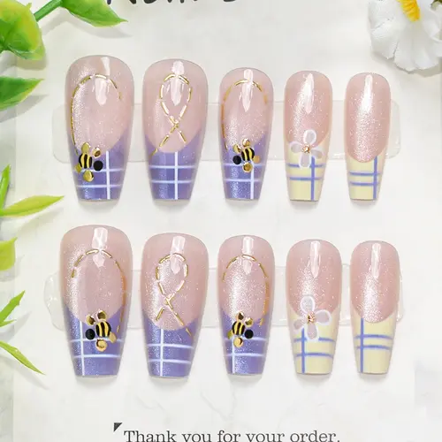 Plaid and Bee Gold Foil French Cat Eye Medium Square Press-On Nails photo 5