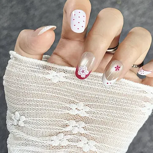 Polka Dot Flower French Cat Eye Short Oval Press-On Nails photo 2