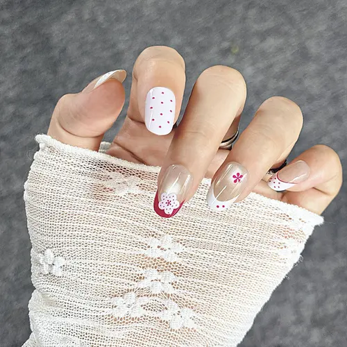 Polka Dot Flower French Cat Eye Short Oval Press-On Nails photo 3