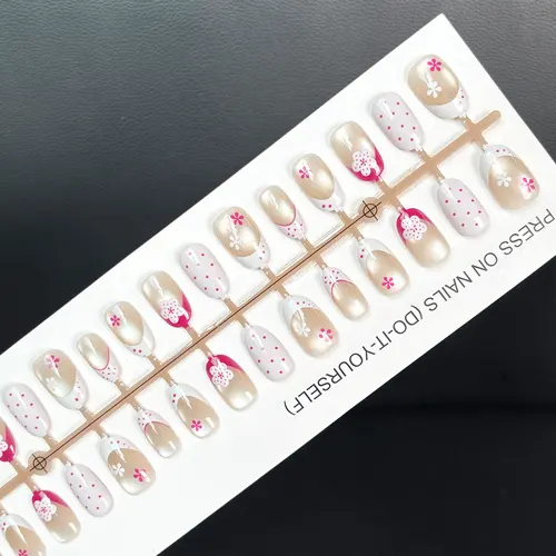 Polka Dot Flower French Cat Eye Short Oval Press-On Nails photo 4
