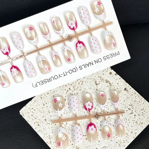 Polka Dot Flower French Cat Eye Short Oval Press-On Nails photo 5