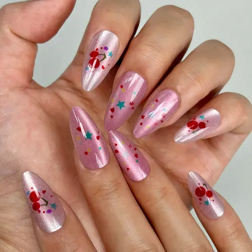 Red Cherry and Heart Cat Eye Almond Press-On Nails photo 4