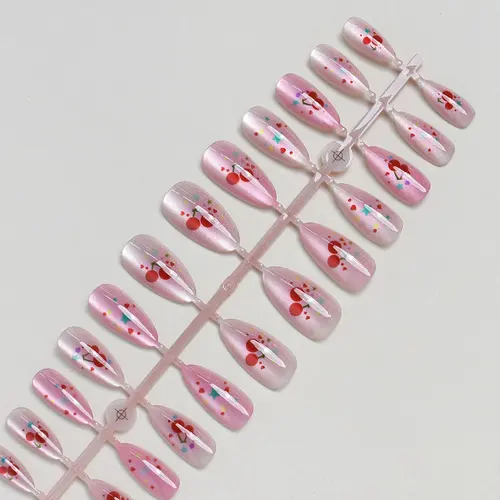 Red Cherry and Heart Cat Eye Almond Press-On Nails photo 5