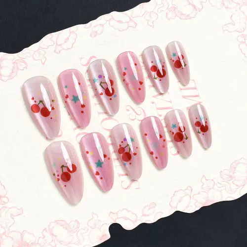 Red Cherry and Heart Cat Eye Almond Press-On Nails photo 6