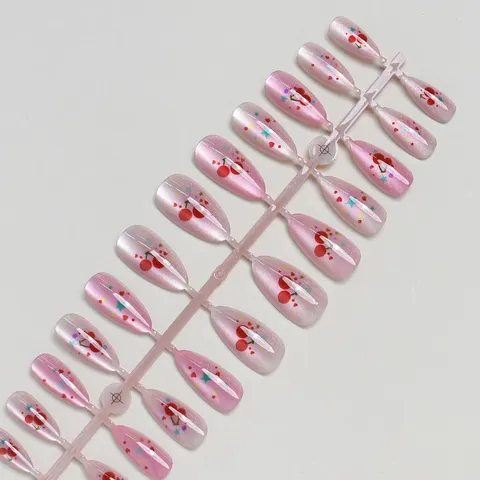 Red Cherry and Heart Cat Eye Almond Press-On Nails design 1