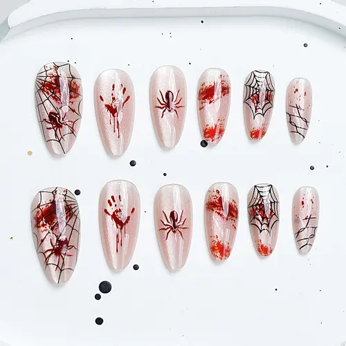 Red Spider Web Ombré Cat Eye Halloween Almond Press-On Nails photo 3
