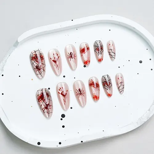Red Spider Web Ombré Cat Eye Halloween Almond Press-On Nails photo 5