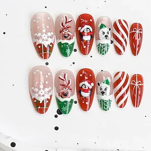 Reindeer and Snowflake Christmas Cat Eye Almond Press-On Nails photo 2