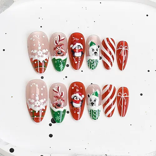 Reindeer and Snowflake Christmas Cat Eye Almond Press-On Nails photo 3