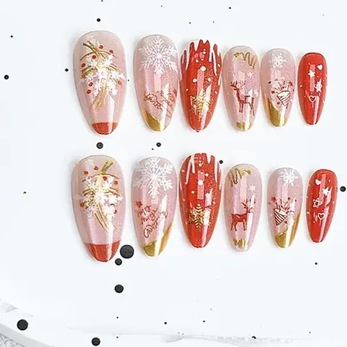 Reindeer and Snowflake Gold Foil French Christmas Press-On Nails photo 2
