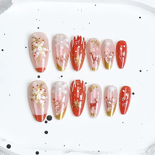 Reindeer and Snowflake Gold Foil French Christmas Press-On Nails photo 3