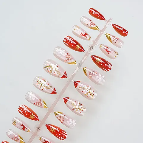 Reindeer and Snowflake Gold Foil French Christmas Press-On Nails design 1
