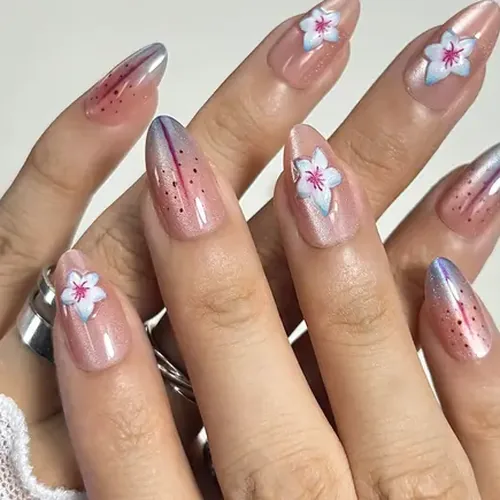 Rhinestone 3D Flower French Short Almond Press-On Nails photo 2