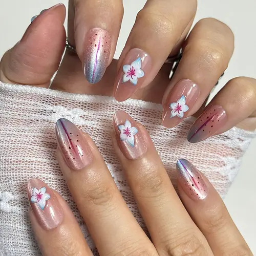 Rhinestone 3D Flower French Short Almond Press-On Nails photo 3