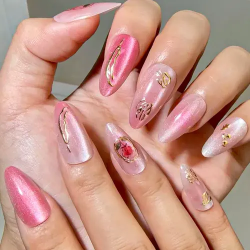 Rose Gold Foil Aura Cat Eye Almond Press-On Nails photo 3