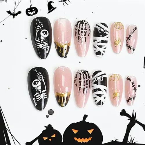 Skeleton and Mummy Wrap Gold Foil Halloween Press-On Nails photo 2