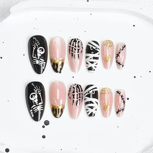 Skeleton and Mummy Wrap Gold Foil Halloween Press-On Nails photo 3