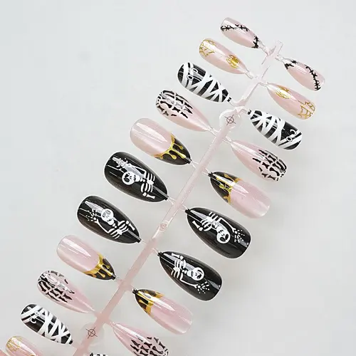 Skeleton and Mummy Wrap Gold Foil Halloween Press-On Nails photo 4