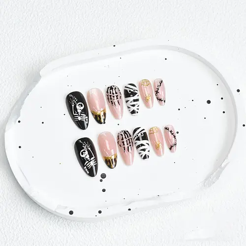 Skeleton and Mummy Wrap Gold Foil Halloween Press-On Nails photo 5
