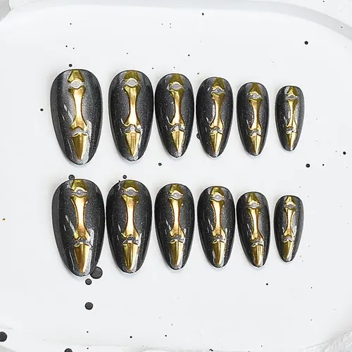 Skull Gold Foil Cat Eye Halloween Almond Press-On Nails photo 3