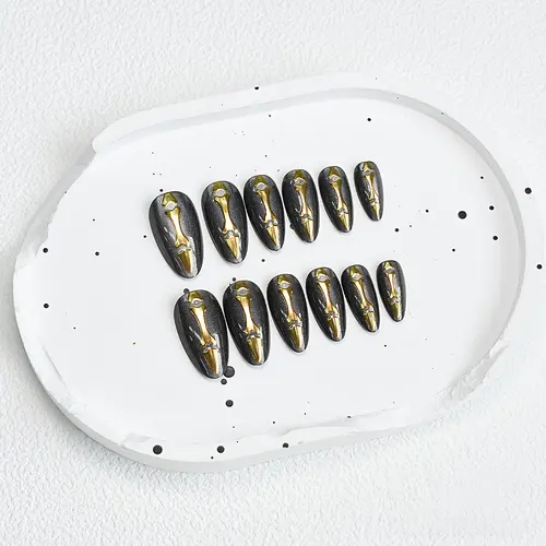 Skull Gold Foil Cat Eye Halloween Almond Press-On Nails photo 5