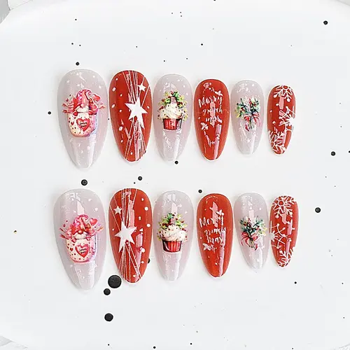 Snowflake and Star Christmas Cat Eye Almond Press-On Nails photo 3
