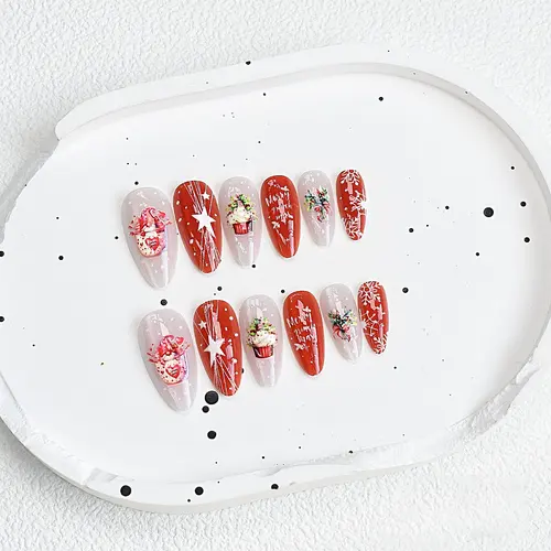 Snowflake and Star Christmas Cat Eye Almond Press-On Nails photo 5