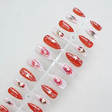 Snowflake and Star Christmas Cat Eye Almond Press-On Nails design 1