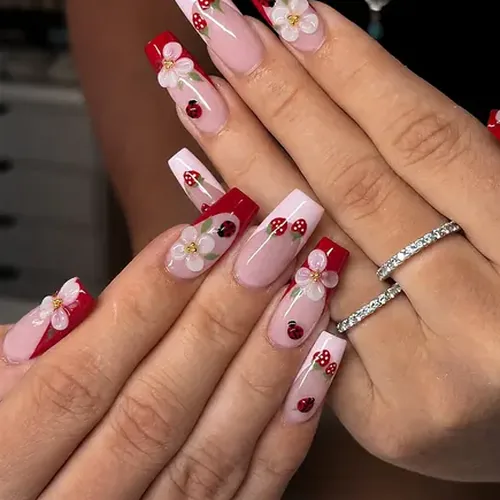 Strawberry and Flower White French Medium Square Press-On Nails photo 2
