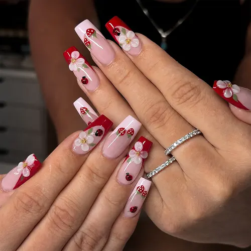 Strawberry and Flower White French Medium Square Press-On Nails photo 3