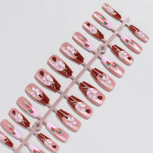 Strawberry and Flower White French Medium Square Press-On Nails photo 4