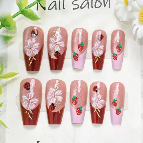 Strawberry and Flower White French Medium Square Press-On Nails photo 5